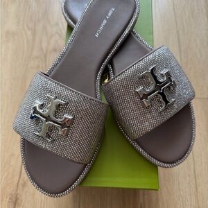 NIB Tory Burch Metallic Embellished Everly Slide Sandals